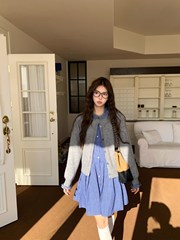 甜美套装长袖针织衫外套女装秋季蓝色格子衬衫连衣裙学院风两件套