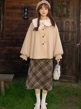 新年战袍卡其色毛呢套装女小个子日系加厚外套格纹半身裙两件套冬