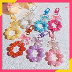 Electroplated Beaded Butterfly Knot Car Keychain Pendant Cute Candy Color Lacquered Small Door Knob Pearl Accessory Decor