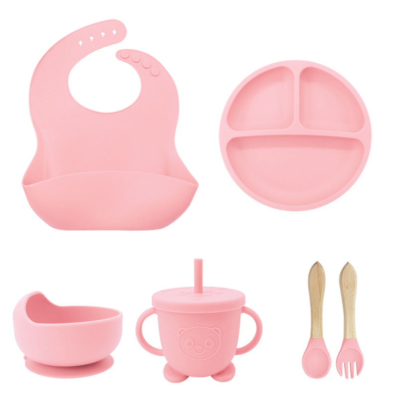 Pink 6-Piece Set: Bib + suction cup + bowl + straw cup + wooden fork spoon