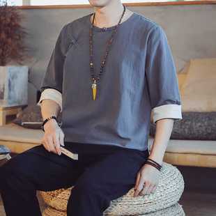 Chinese Style Side Cardigan Shirt Men's Half Sleeve Round Neck Buckle Hanfu Ancient Tea Clothing Mid Sleeve Half Sleeve Base Shirt
