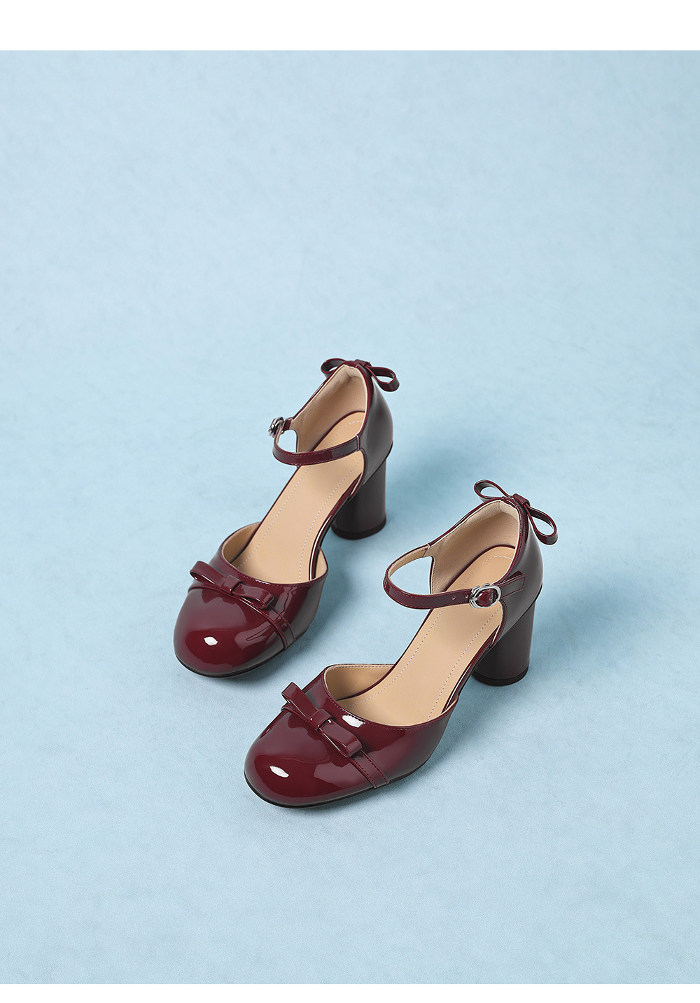 Sandal cao gót nữ mũi tròn bít kiểu Pháp, quai ngang khóa một chữ, gót vuông ổn định — màu đen, Rượu vang đỏ, màu mơ chi tiết 13