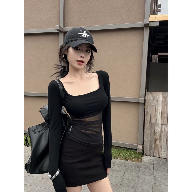 实拍实价秋季纯欲性感辣妹风方领修身显瘦拼接网纱长袖恤上衣