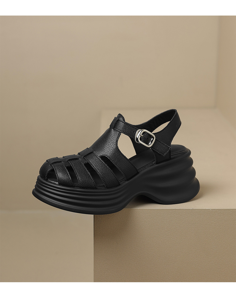 Sandal La Mã đế rỗng dệt mũi kín da thật gót cao 9 cm — đen chi tiết 15