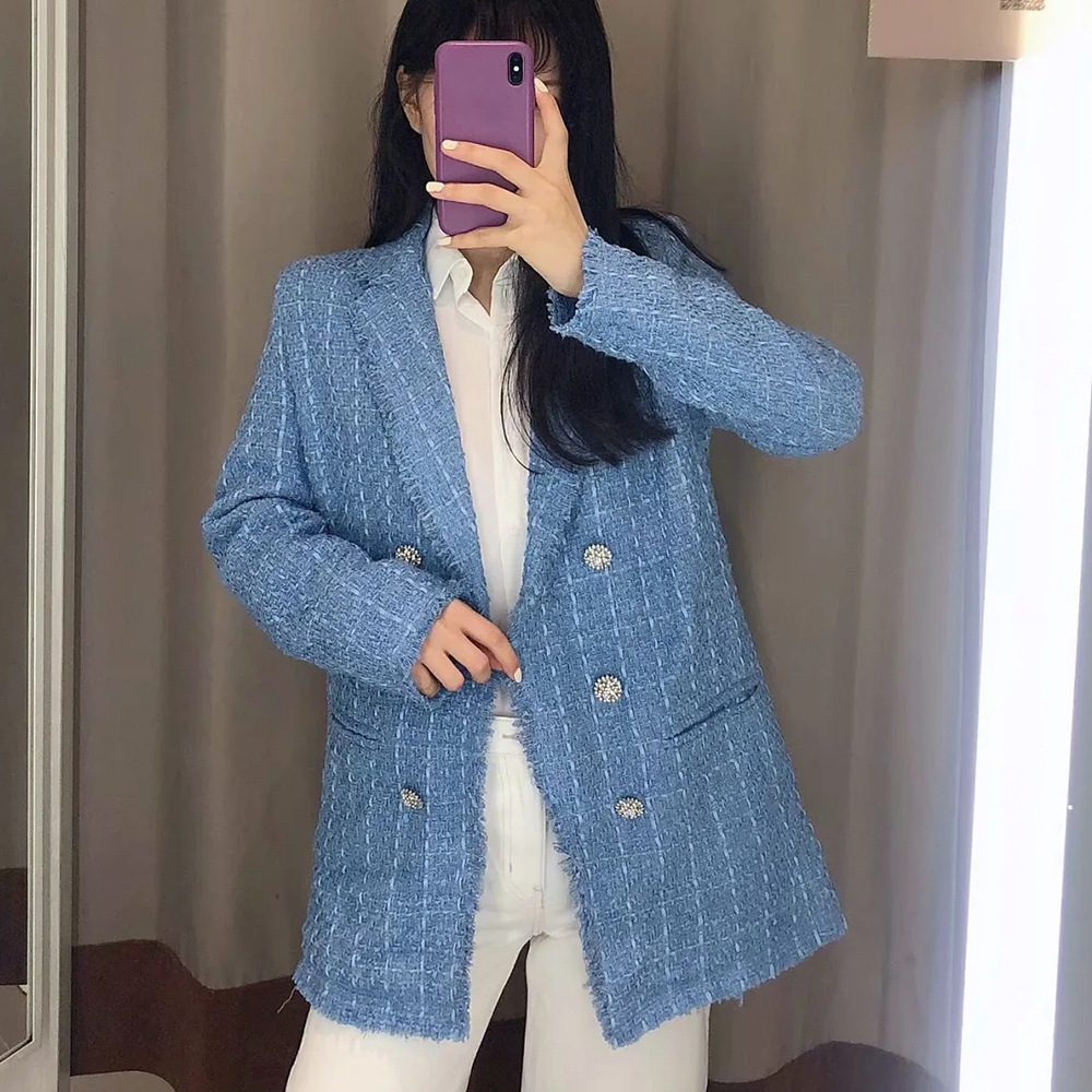 2021 Autumn New Amazon European and American women's wholesale double-breasted pocket decoration retro long sleeve suit jacket