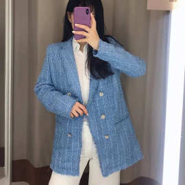 2021秋季新款亚马逊欧美女装批发双排扣口袋装饰复古长袖西装外套