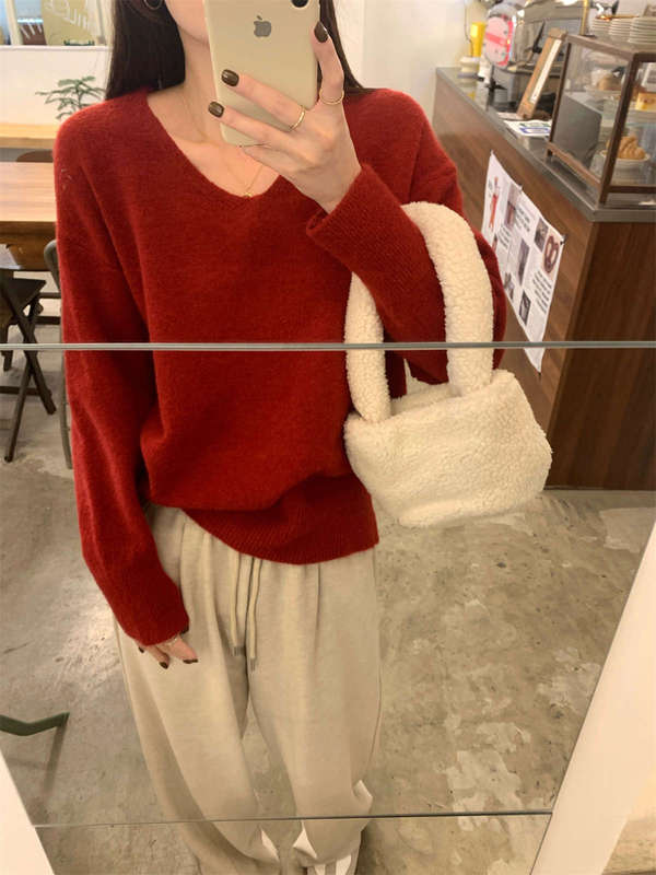 简约v领针织衫女秋冬新款ins基础款宽松内搭上衣休闲百搭打底毛衣|undefined
