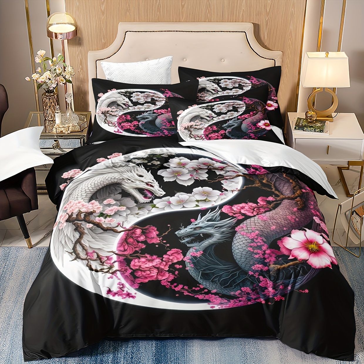 TEMU / JIT transfronterizo explosión molienda impresión digital kit de edredón textil en blanco y negro dibujo de dragón en forma de corazón se puede fijar