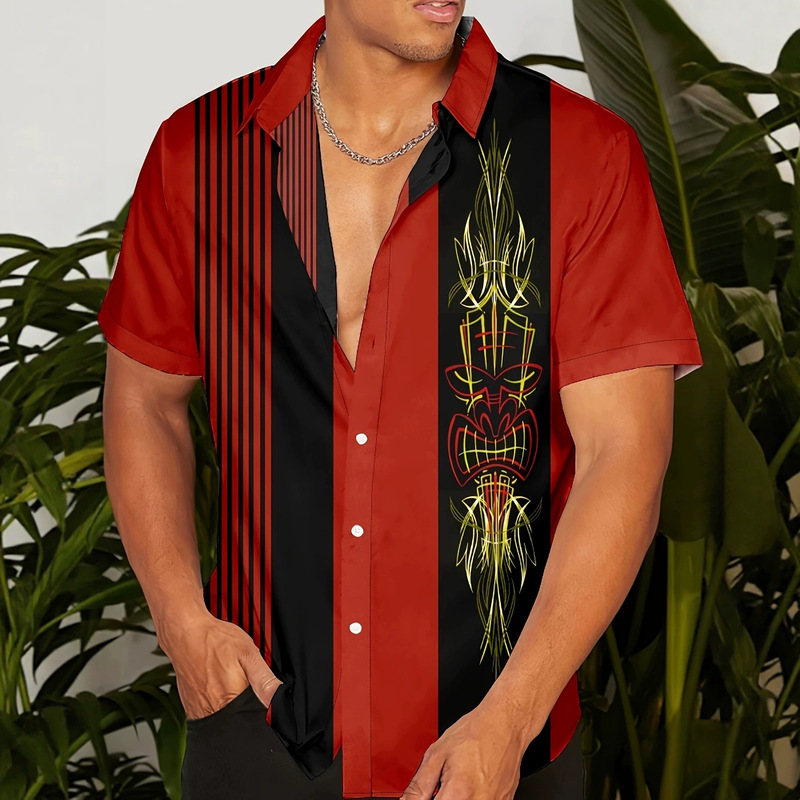 American retro style full-print Hawaiian shirt with red and black stripes, personalized short-sleeve cardigan, cross-border POD custom design