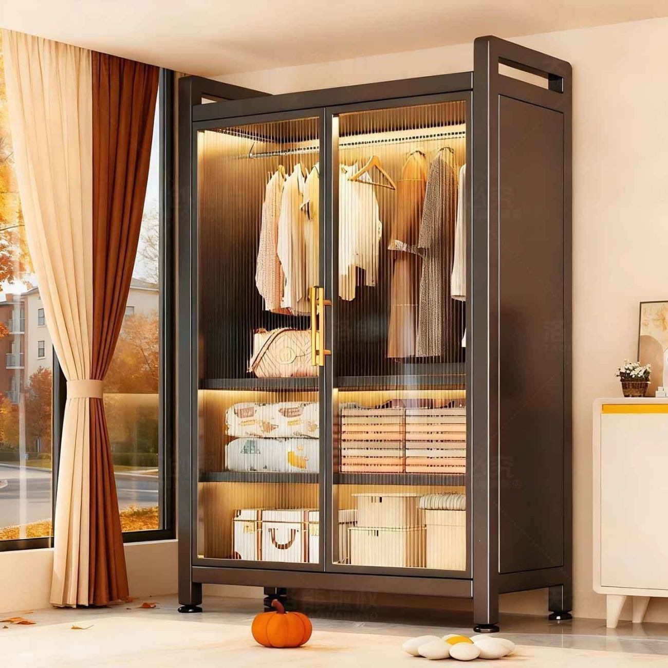 Metal wardrobe is sturdy and durable, a popular home bedroom storage cabinet with easy assembly