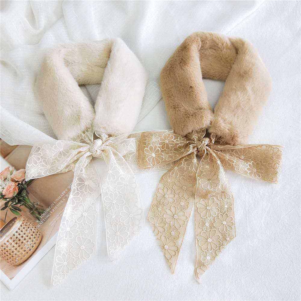 圍巾女秋冬季韓版毛領蝴蝶結仿獺兔毛長飄帶保暖毛毛絨絲帶圍脖