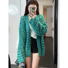 韩系减龄镂空针织衫女秋季2025新款宽松毛衣外套复古长袖开衫上衣