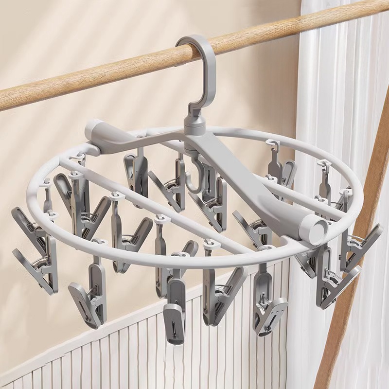 Sock Drying Rack with Multiple Clips, Multifunctional Household Hanger for Socks and Underwear, Foldable Round Plate