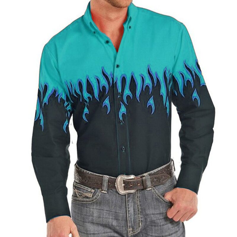 Men's shirt Western shirt pattern printing flame lapel shirt 3D printing outdoor street long sleeve button top