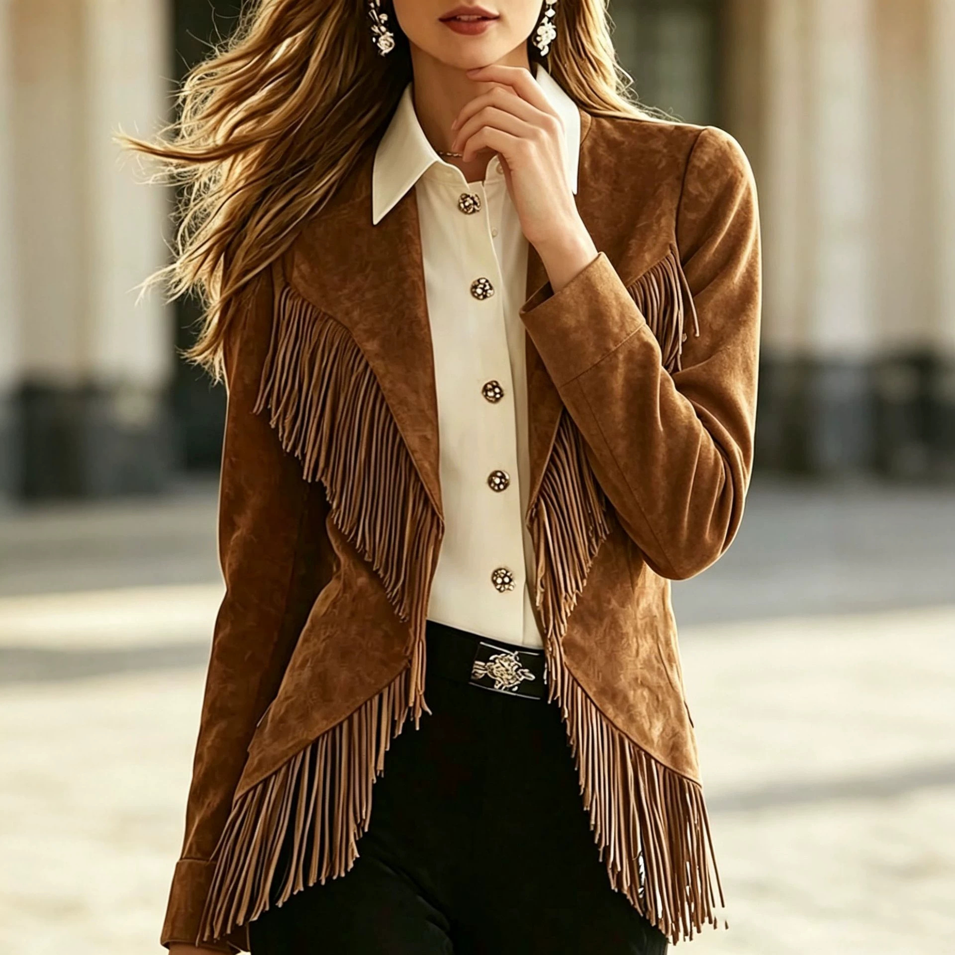 Amazon Vintage Tassel Suede Blazer for Women, Autumn and Winter Slim Fit Stand Collar Long Sleeve Fashion Commuter Short Coat