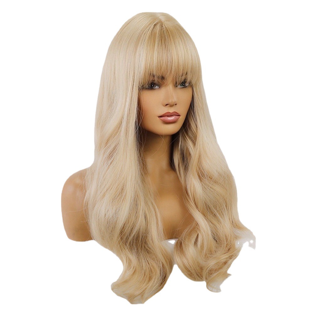 Peluca de oro blanco mujer pelo largo en línea celebridad natural diario mullido cubierta completa leche Peluca de pelo rizado largo dorado
