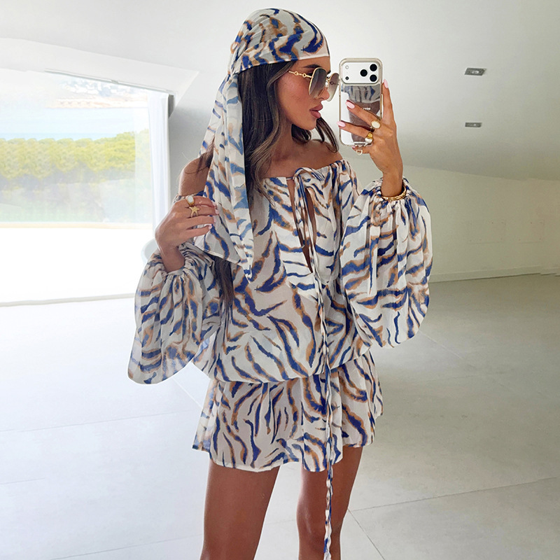 D26Ds161 Foreign Trade Cross-Border European and American Women's Clothing Striped Printed Mesh Headband Drawstring Long Lantern Sleeve Short Dress D26Ds161 Foreign Trade Cross-Border European and American Women's Clothing Striped Printed Mesh Headband Drawstring Long Lantern Sleeve Short Dress
