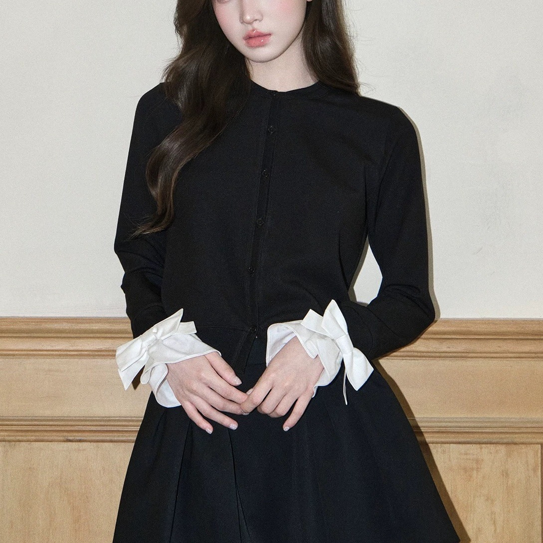 假两件针织开衫/蝴蝶结拼接圆领毛衣上衣外套女早秋