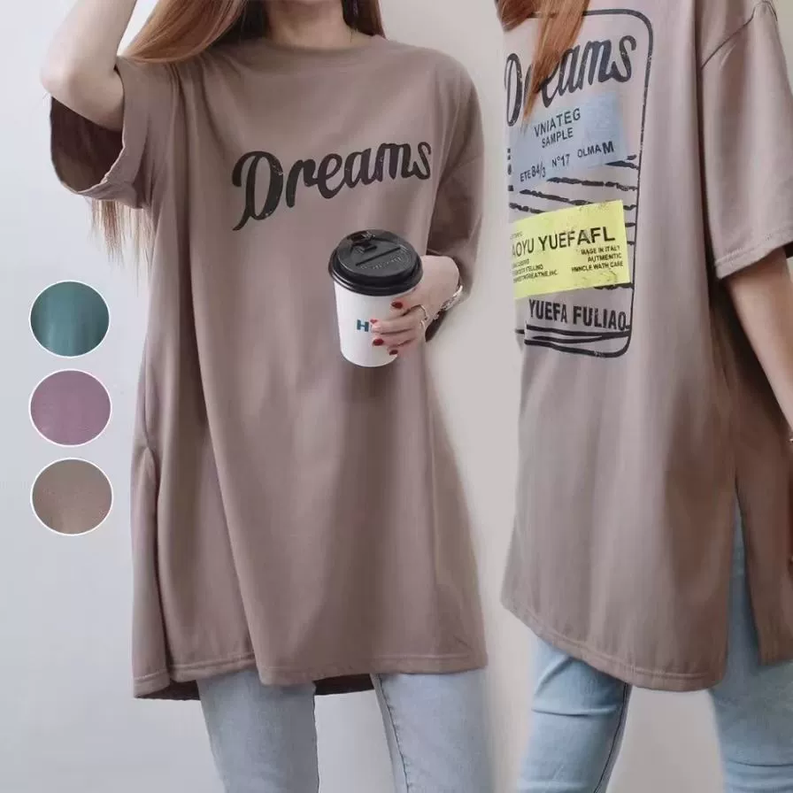 Японская и корейская футболка средней длины с разрезом в ленивом стиле, женская летняя новая свободная футболка с круглым вырезом и буквенным принтом, топ большого размера