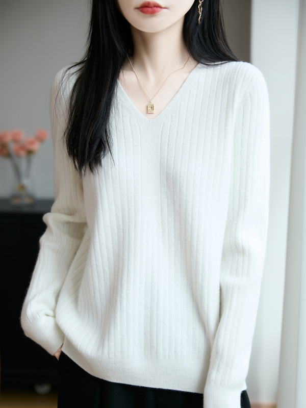 V领坑条针织打底衫女新款简约纯色基础款内搭套头毛衣长袖上衣|undefined