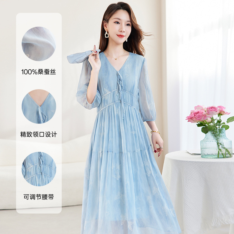 [100 Mulberry Silk] 6A Mulberry Silk Printed Dress Women's Breathable Summer Slim Mid-Length A-Line Skirt 9700