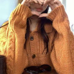 im向 约克郡黄昏’杂色花纱粗针小翻领针织开衫女秋爱心麻花毛衣