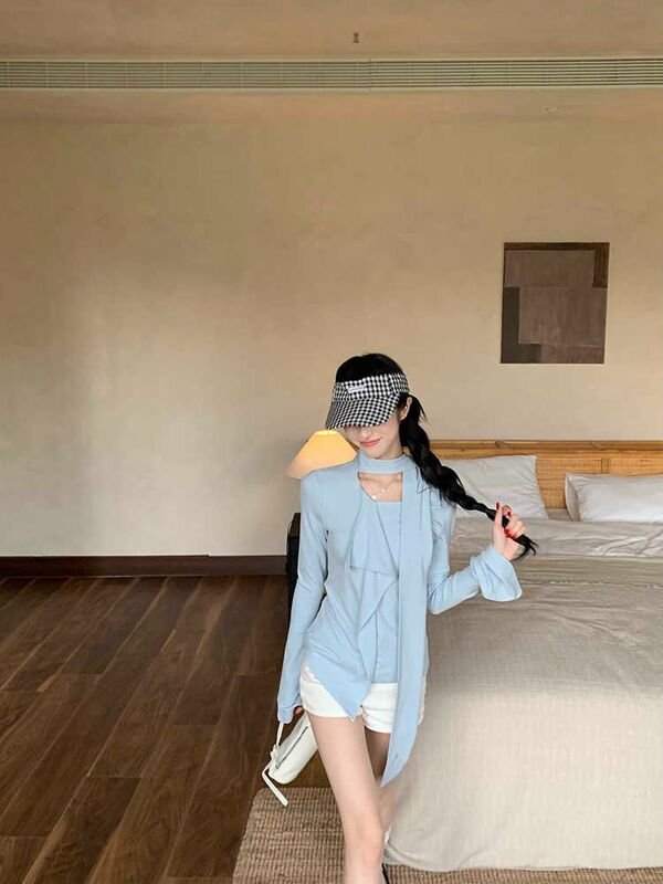 设计感荷叶边飘带长袖藏蓝色上衣女装秋季百搭打底衫修身内搭T恤|undefined