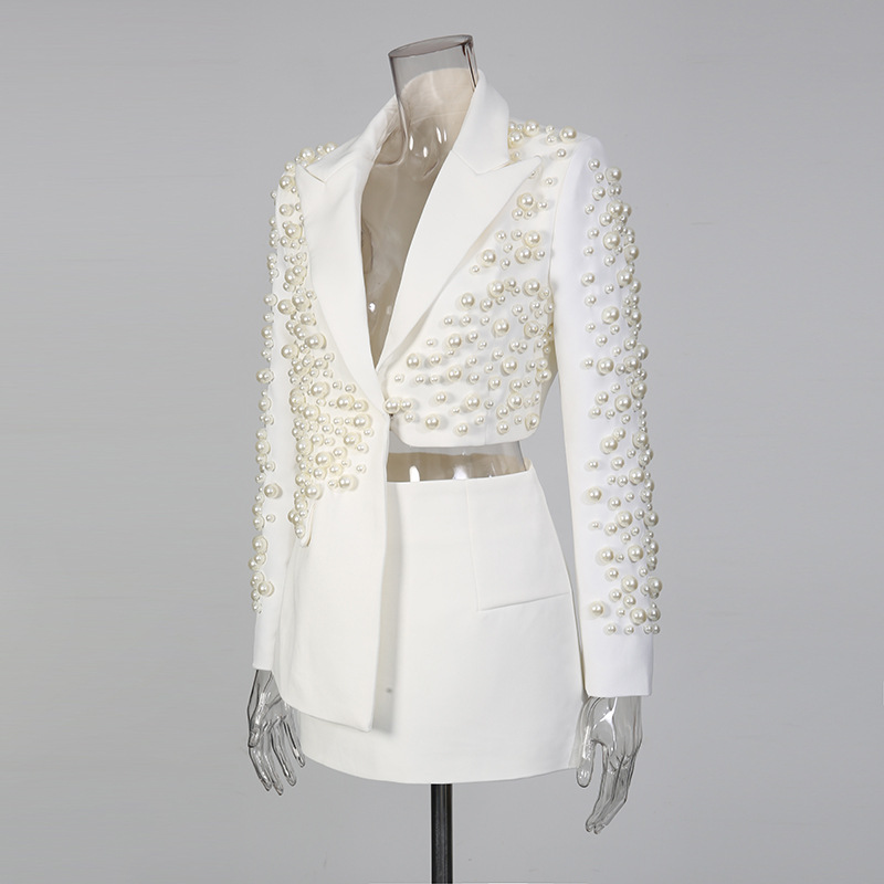 Elegant Women's V-neck Beaded Blouse And Irregular Skirt Set_voghion.com
