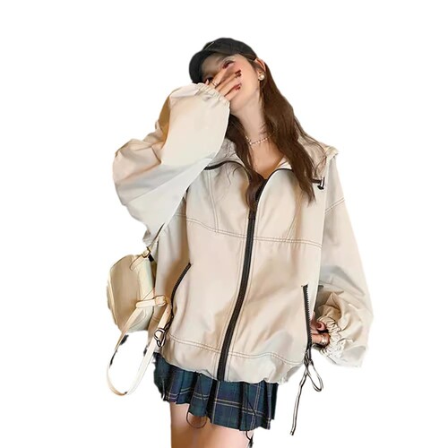 Women's Spring and Autumn Caped Windbreaker with Hong Kong Style Streetwear, White Baseball Jacket, Versatile Workwear Windbreaker