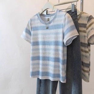 Plus Size Women's Light Blue Striped Short-Sleeve T-Shirt for Summer, Versatile Slimming Base Shirt for Slightly Chubby Girls, Regular Shoulder Top