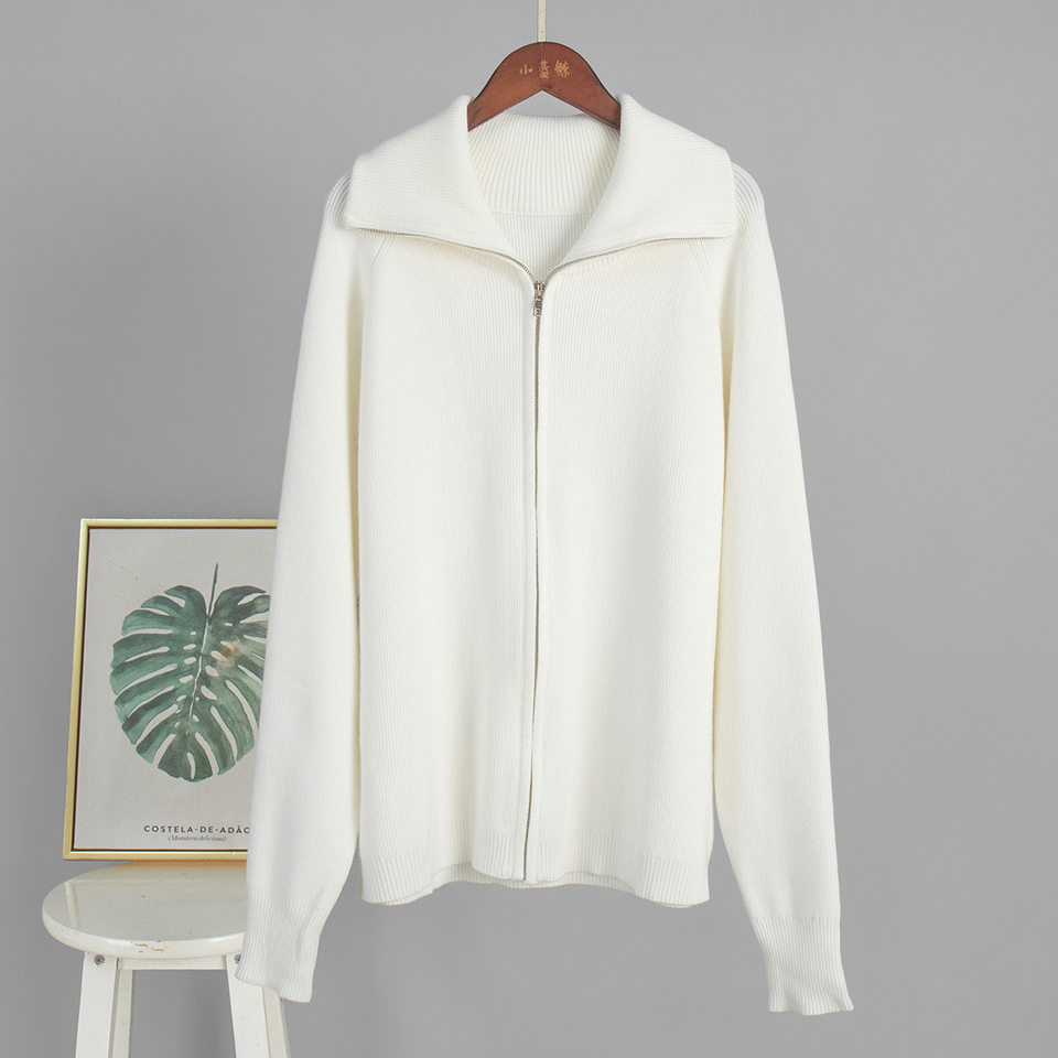 Bộ áo cardigan dệt kim khóa kéo phối quần dài ống rộng nữ — màu bột yến mạch, màu nâu, màu xám, trắng chi tiết 13