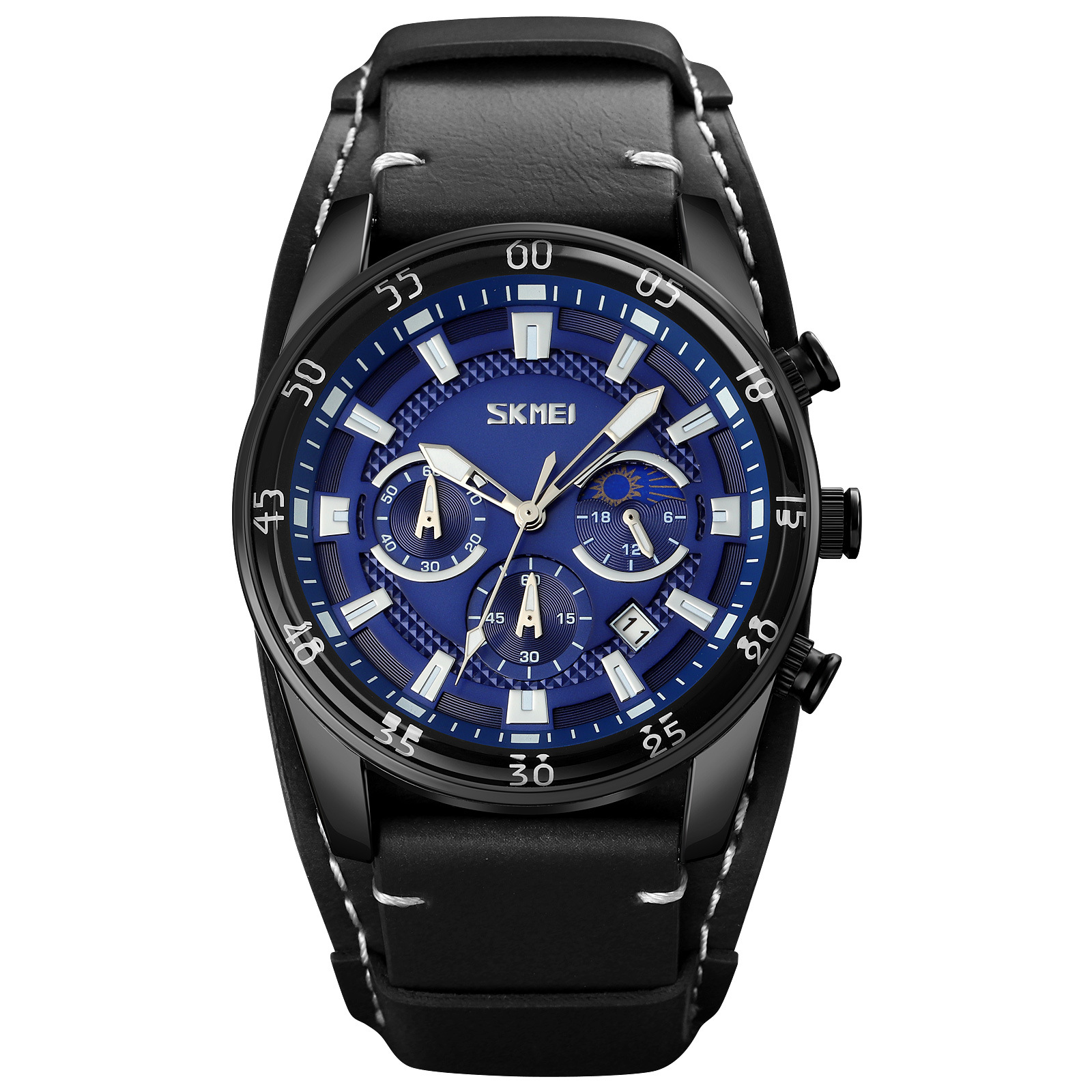 Momento de belleza para hombres cronógrafo multifuncional reloj de cuarzo muestra fase lunar impermeable reloj de pulsera de correa marrón retro reloj de hombre transfronterizo