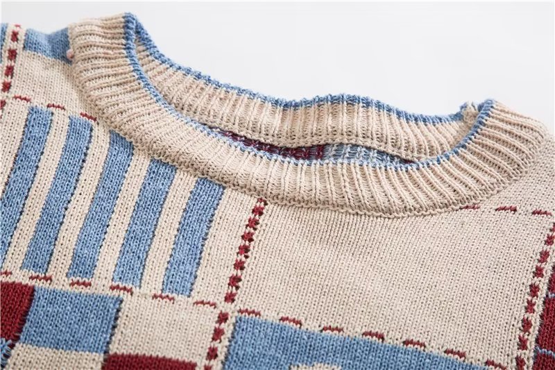 Men's Retro Plaid Heart Pattern Crew Neck Sweater For Men_voghion.com