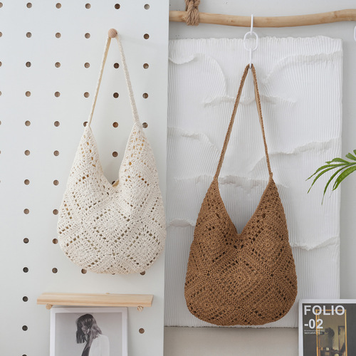 Nature-inspired minimalist diamond pattern cotton wire woven bag, grandmother's square swallowtail grass woven bag, everyday casual beach bag for women