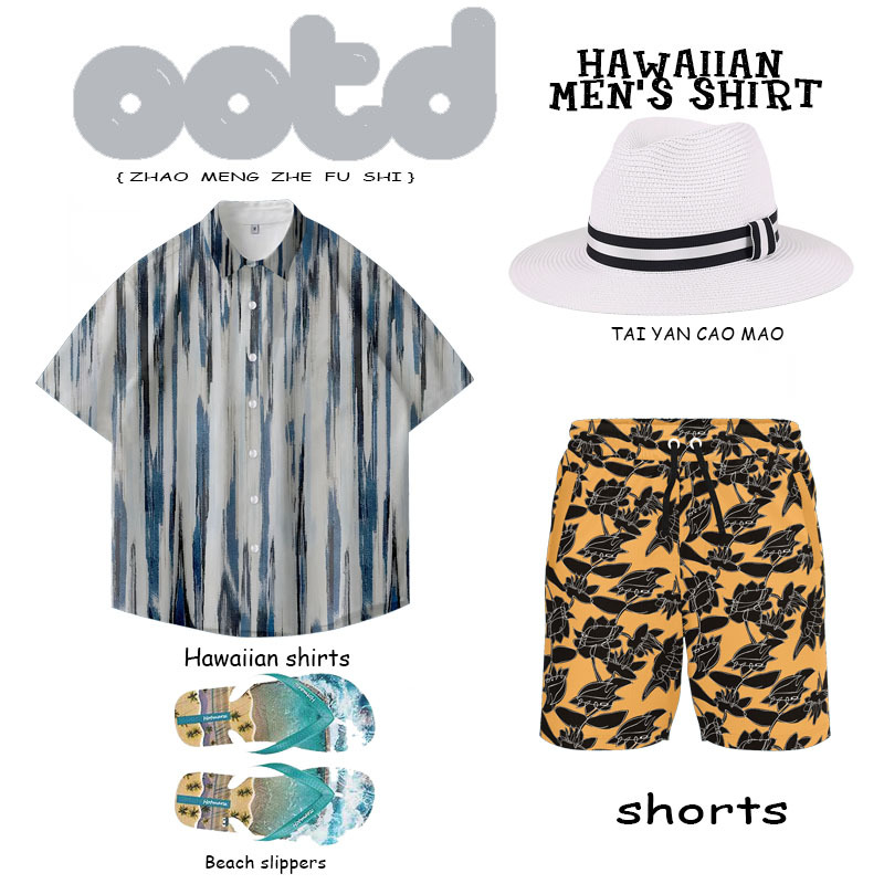 Loose large-size pattern beach shorts couple with casual suit men's quick-drying summer short-sleeved shirt two-piece set