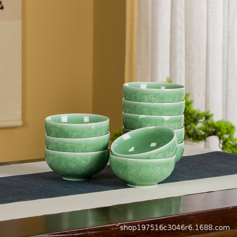 景德镇青瓷碗单碗青瓷碗浮雕家用碗礼品白瓷碗套装礼盒中式餐具碗