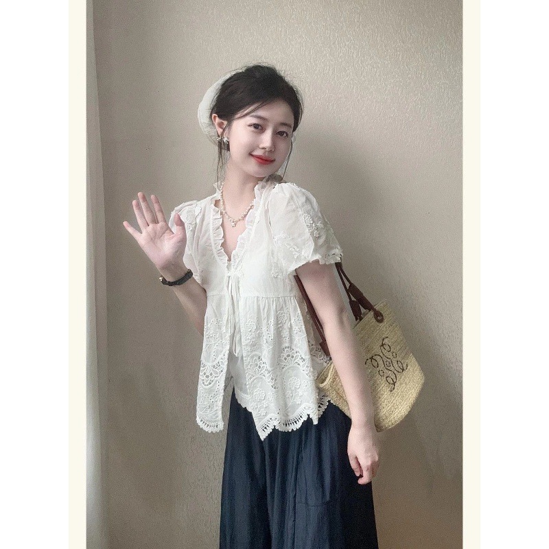 法式白色V领镂空短袖花边领衬衫女夏刺绣蕾丝小衫小个子大码上衣|undefined