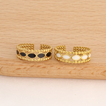 跨境新款镂空不锈钢滴油戒指假珠交叉线条小众高级感开口指环男女