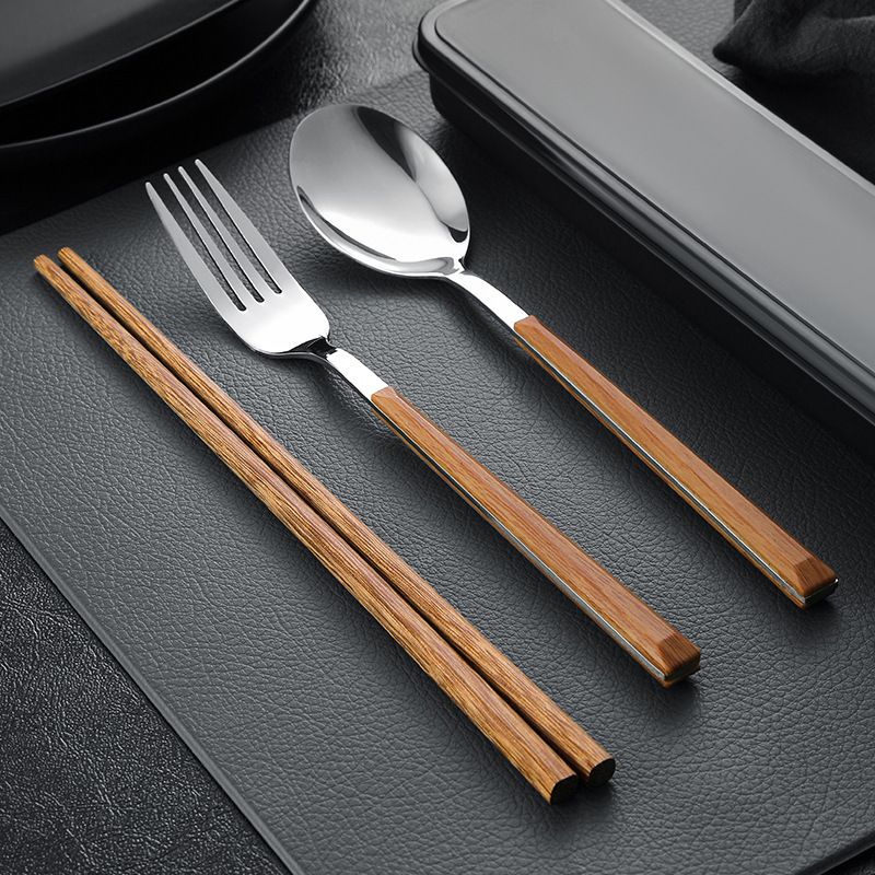 Chopsticks Spoon suit One-person Chopsticks Portable Tableware Student Storage Box Fork Single Wooden Chopsticks Three-piece Set