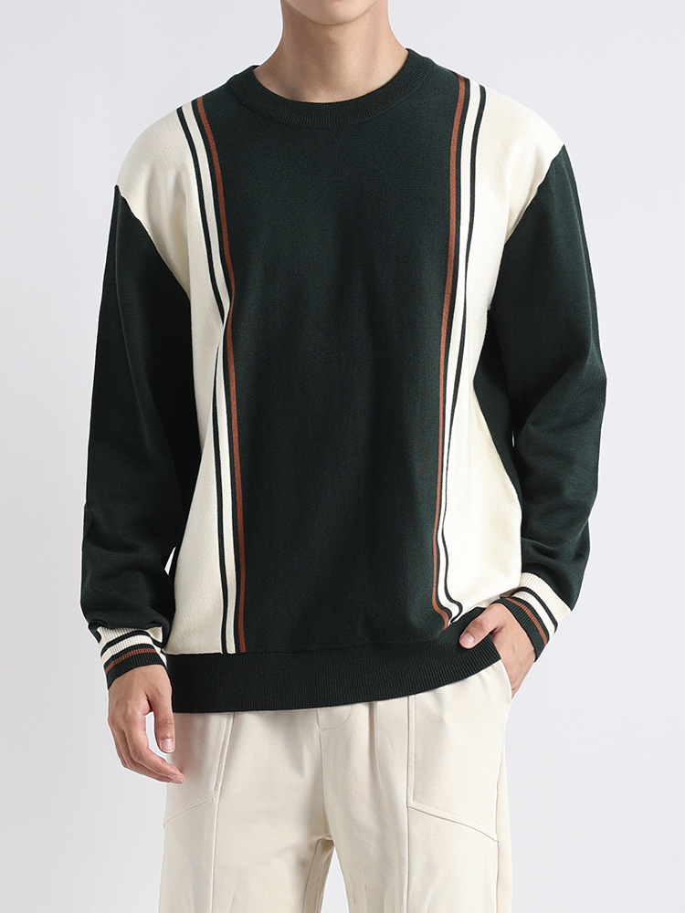 Hombres viejos estilos de contraste de color, camisetas de manga larga a rayas, suéter de cuello redondo casual, camisetas de punto