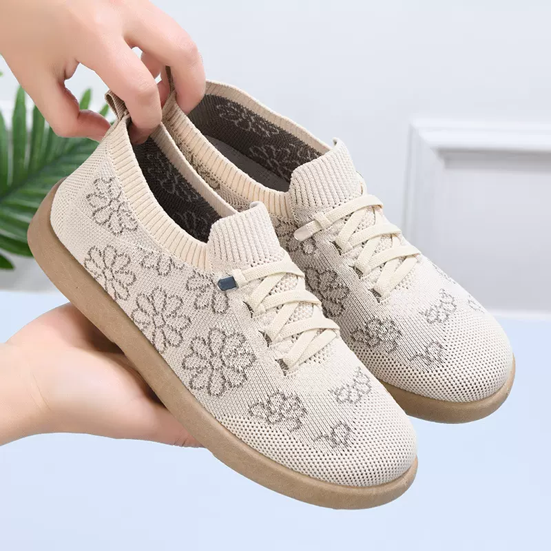 鞋子女2025秋季款绣花系带中老年妈妈鞋一脚蹬休闲单鞋飞织德训鞋