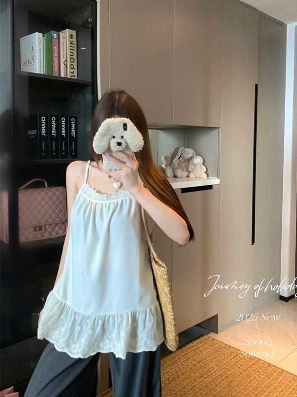 甜美风套装法式碎花V领七分袖衬衫女秋季内搭杏色吊带背心两件套|undefined