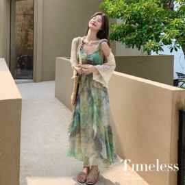 女装夏装【新款】晕染吊带裙+钩花披肩俩件套