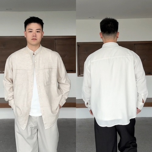 Small Stand Collar Shirt for Men, Loose Casual Solid Color Japanese Style High-End Long-Sleeve Shirt for Men, Outerwear Basic Shirt for Spring and Summer