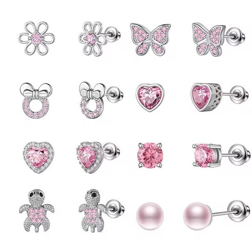 Elegant Pink Diamond Accents Earrings, Simple Pearl Earrings, New Small Stud Earrings with Diamond Accents, Pierced Jewelry