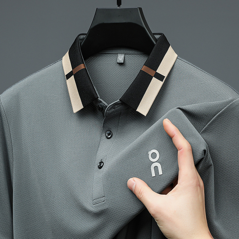 Men's Summer Ice Silk Short-Sleeved Polo Shirt Men's Accessible Luxury High-End Elastic Contrast Lapel T-Shirt Polo Print