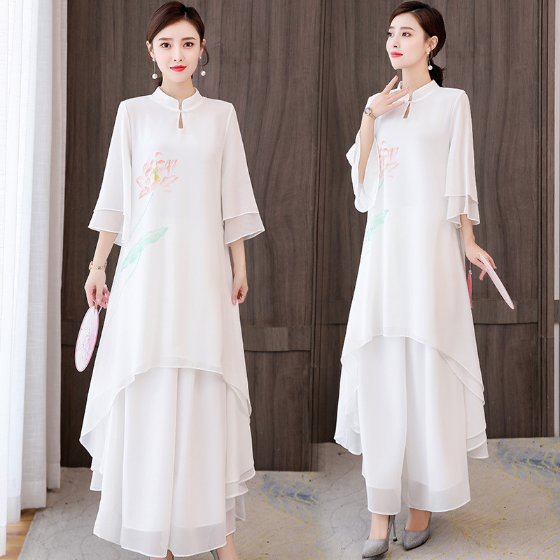 Autumn and Summer Zen Meditation Dance Performance Tea Suit Chinese Style Dress Improved Chinese Suit Hanfu Two-Piece Set