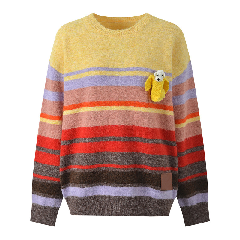 2025 Autumn and Winter New Style Three-Dimensional Doll Color-Block Striped Sweet Youthful Versatile Loose Casual Knit Sweater 2025 Autumn and Winter New Style Three-Dimensional Doll Color-Block Striped Sweet Youthful Versatile Loose Casual Knit Sweater