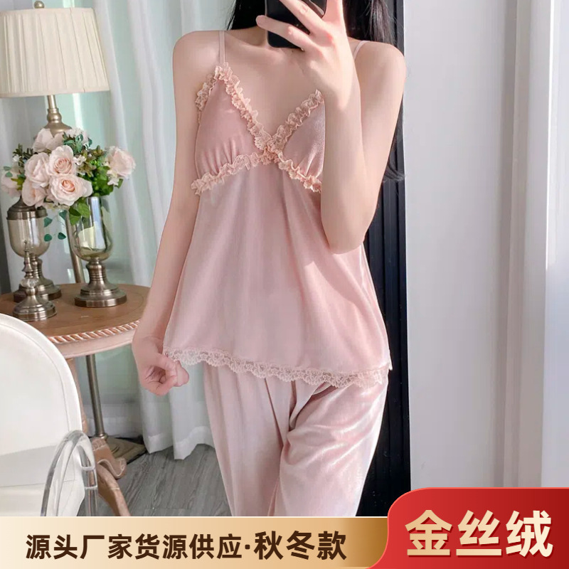 New Velvet Pajamas Three-Piece Set Camisole Nightgown Autumn and Winter Bathrobe Feminine Nightgown Loungewear Live Broadcast