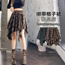 复古格子半身裙女秋季2025新款小个子中裙高腰绑带不规则a字短裙